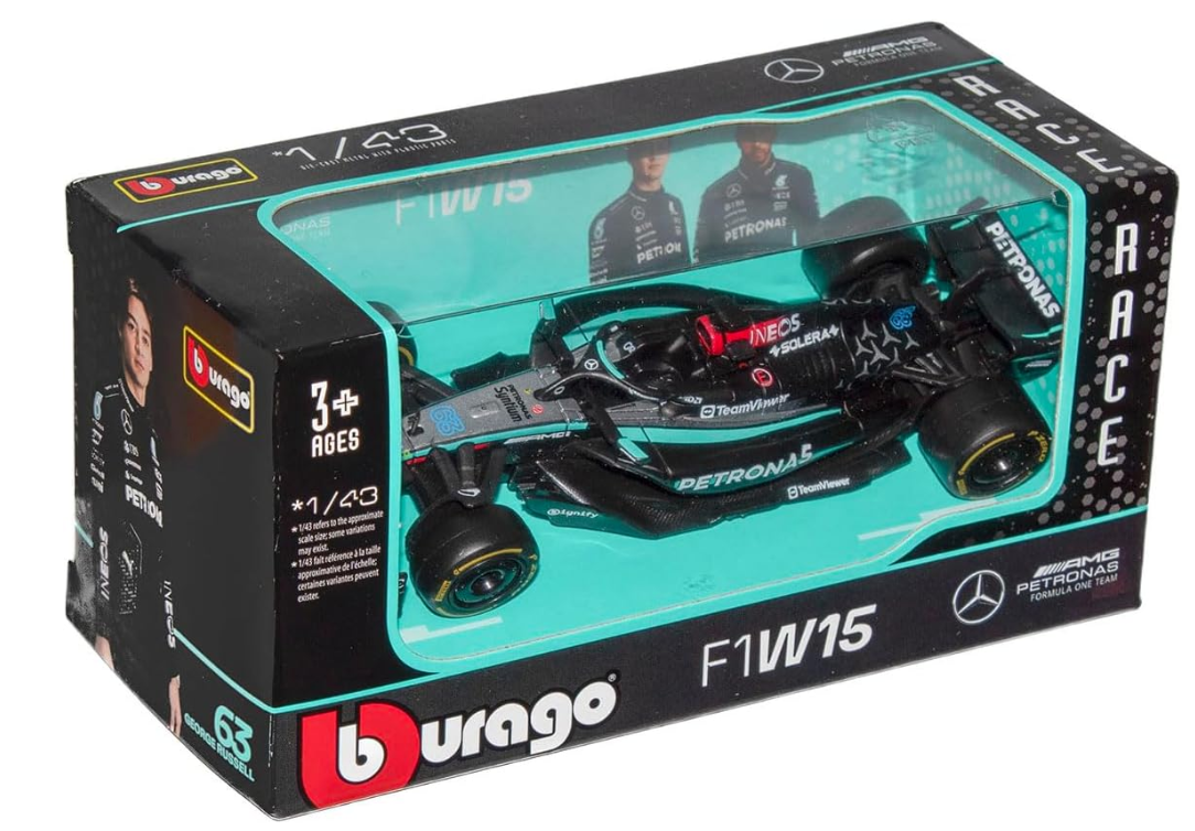 Bburago F1 Formula 1 MERCEDES AMG W15 (2024) - RUSSELL - Incredibly Detailed Die-Cast Replica Collectible Race Car Model, Multiple Colours