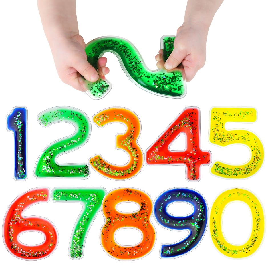 Squidgy Sparkly Numbers 10 Pack Sensory Gel Shapes, Glitter & Colourful Liquid, Squidgy Jelly Fidgeting Toy