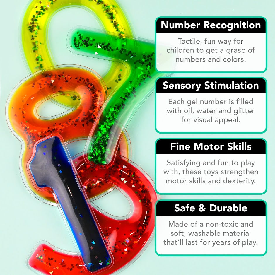 Squidgy Sparkly Numbers 10 Pack Sensory Gel Shapes, Glitter & Colourful Liquid, Squidgy Jelly Fidgeting Toy