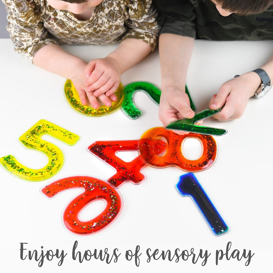 Squidgy Sparkly Numbers 10 Pack Sensory Gel Shapes, Glitter & Colourful Liquid, Squidgy Jelly Fidgeting Toy