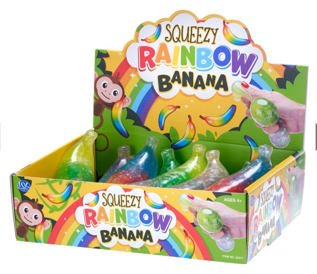 12CM SQUEEZY RAINBOW BANANA 4 ASST