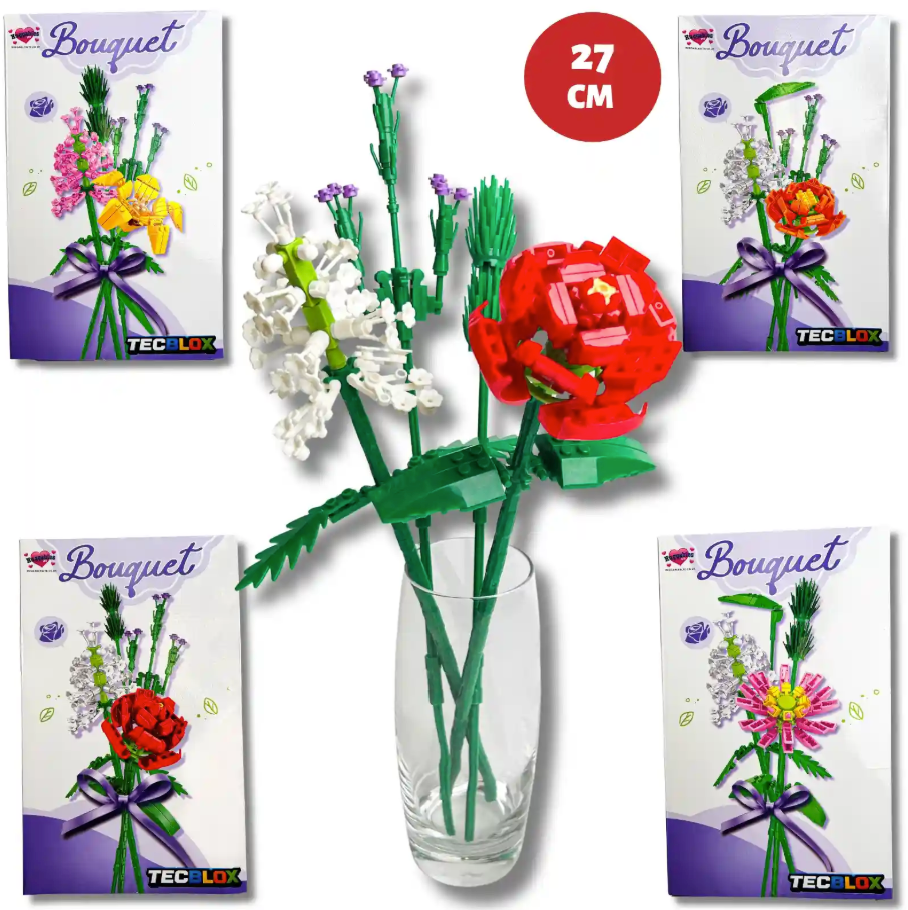 27CM TECBLOX BYO BOUQUET ROMANTIC FLOWERS 4 ASSORTED 4 STEM BLOCKS SETS
