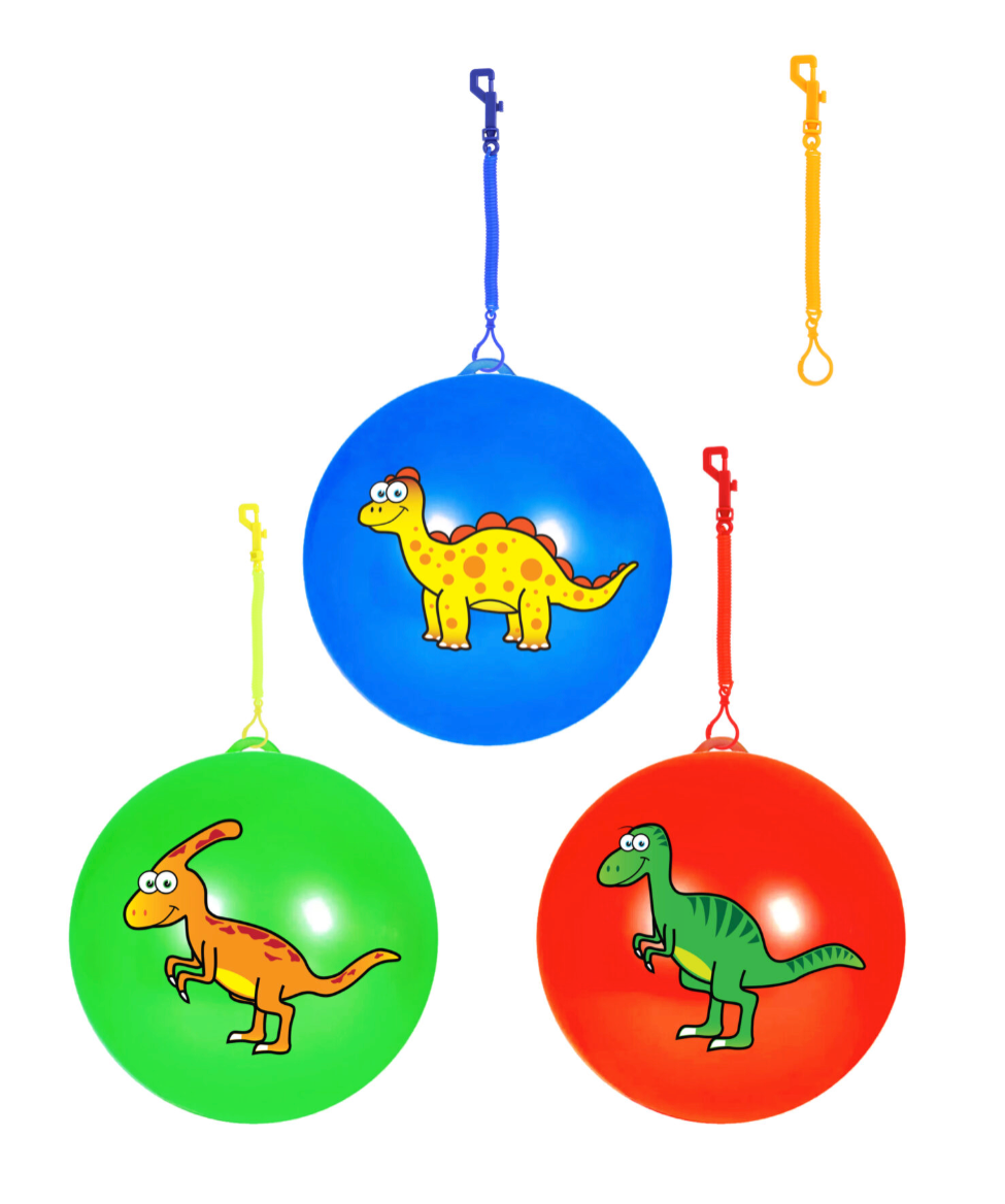 VC Dinosaur Bounce Balls in 3 Assorted Designs (25cm) with Hook and Spiral Keychain