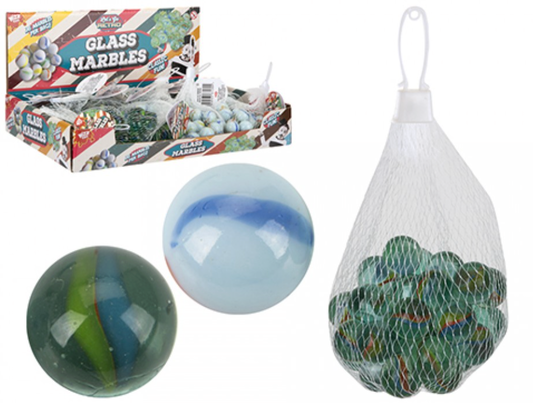 36 GLASS & MILKY MARBLES IN BAG 2 ASSORTED