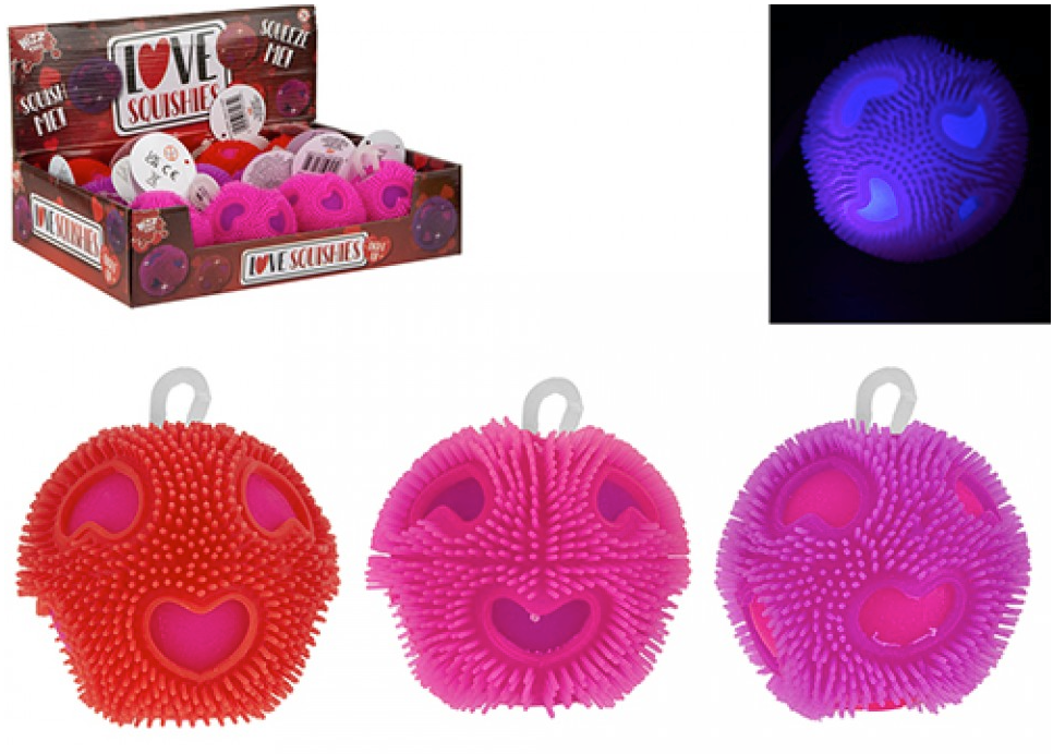 WIZZ TOYS PUFFER LOVE HEART LIGHT UP BALL 7CM 3 ASSORTED