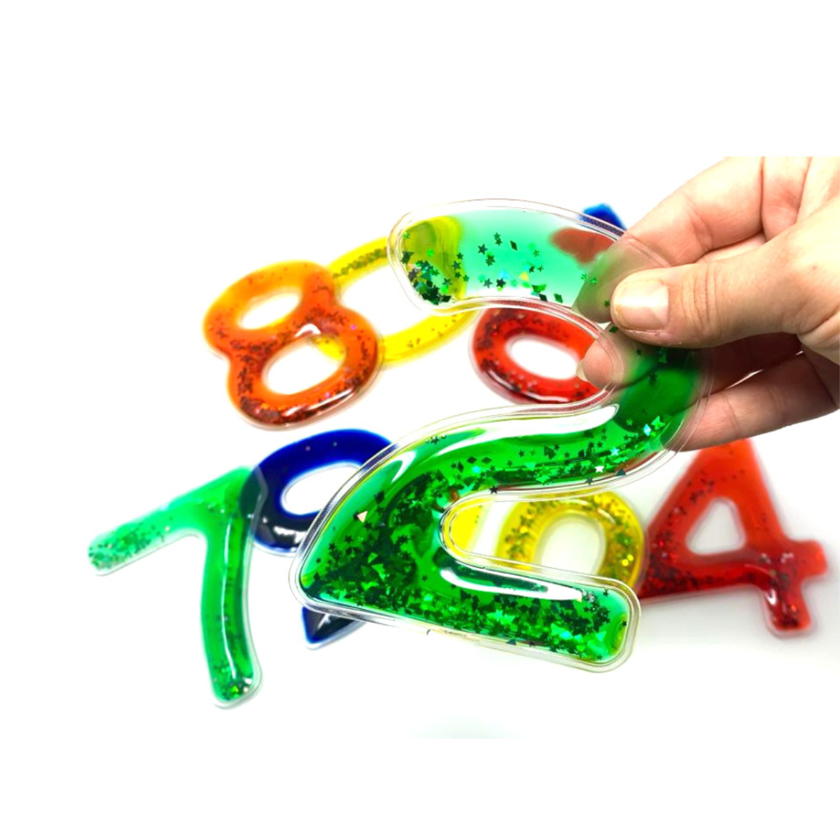 Squidgy Sparkly Numbers 10 Pack Sensory Gel Shapes, Glitter & Colourful Liquid, Squidgy Jelly Fidgeting Toy